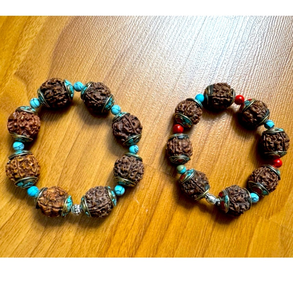 Vintage 2 Rudraksha Beads Yoga Bracelets Capped With Inlay Turquoise & Coral. - Picture 5 of 7